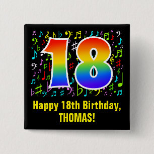 Badge Carré 5 Cm 18e anniversaire : Symboles de musique colorée, A