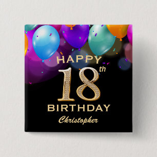 Badge Carré 5 Cm 18e fête d'anniversaire Ballons noirs et or