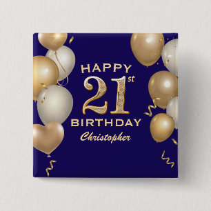 Badge Carré 5 Cm 21e Anniversaire Marine Bleu et Ballons d'or