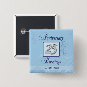 Badge Carré 5 Cm 25e anniversaire en bleu et argent