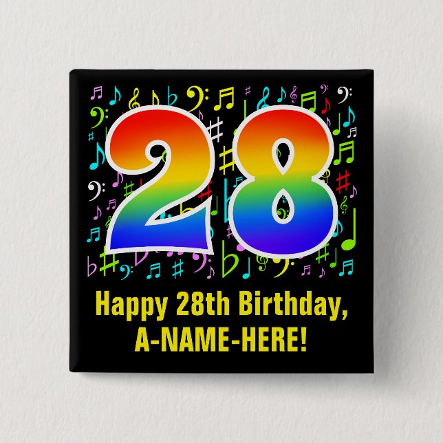 Badge Carré 5 Cm 28e anniversaire : Symboles de musique colorée, Ar (Devant)
