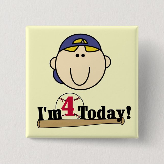 Badge Carré 5 Cm 4ème anniversaire de base-ball blond de garçon (Devant)