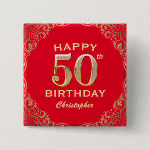 Badge Carré 5 Cm 50th Birthday Party Red and Gold Glitter Frame
