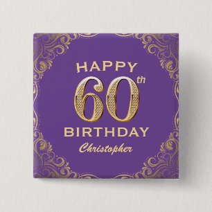 Badge Carré 5 Cm 60e anniversaire fête violet et Parties scintillan