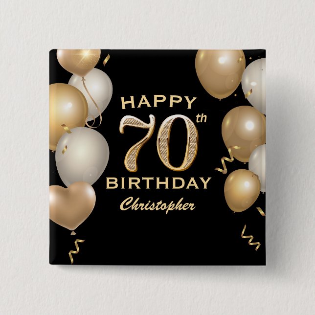 Badge Carré 5 Cm 70e fête d'anniversaire Ballons noirs et or (Devant)