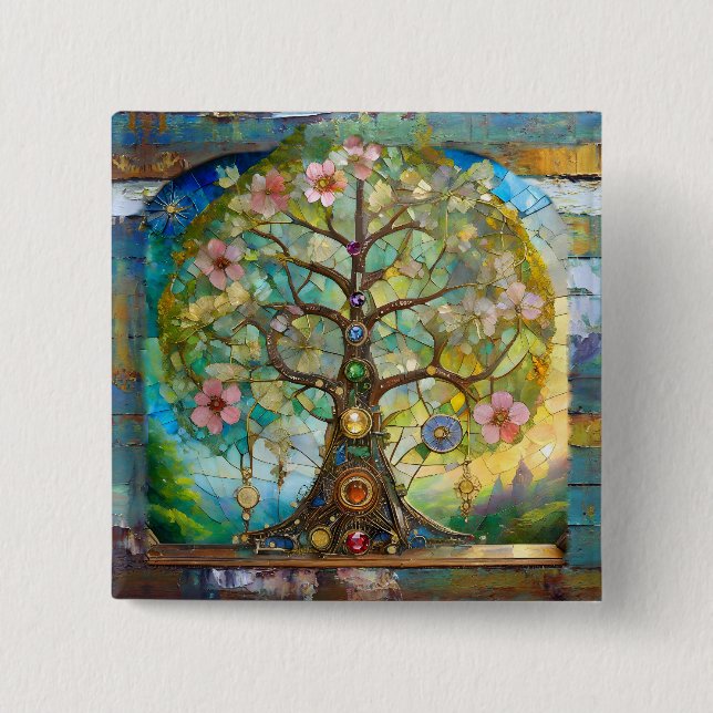 Badge Carré 5 Cm 7 Chakra Fleurissant Arbre De Vie (Devant)