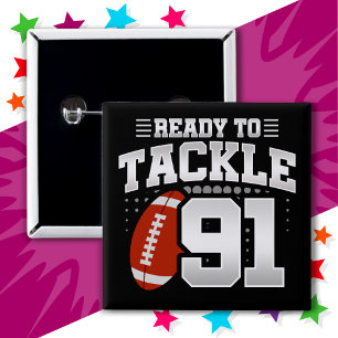 Badge Carré 5 Cm 91 ans Tackle Football Party 91e anniversaire