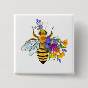 Badge Carré 5 Cm Abeille à fleurs avec plantes sauvages
