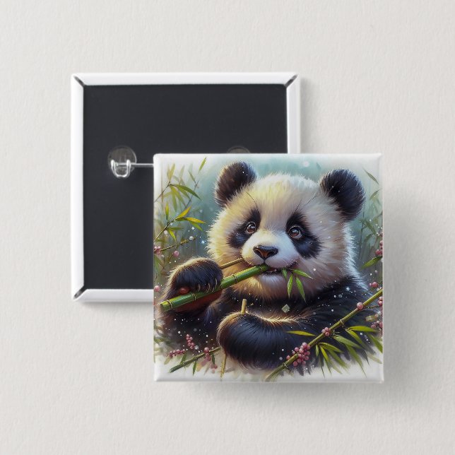 Badge Carré 5 Cm Adorable Ours De Panda Mangeant Bambou (Devant & derrière)