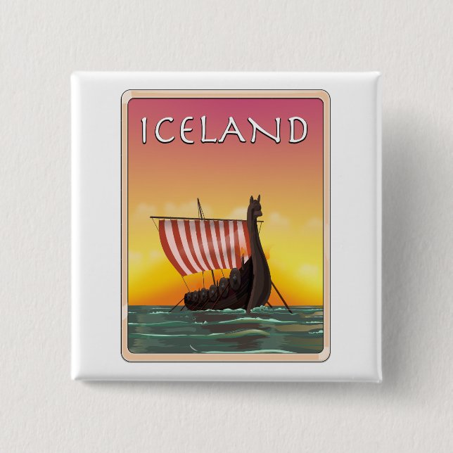 Badge Carré 5 Cm Affiche Islande Viking Travel (Devant)