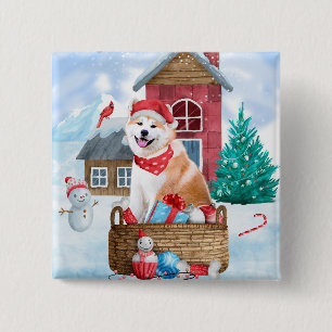 Badge Carré 5 Cm Akita Chien dans la neige Maison de Chien de Noël
