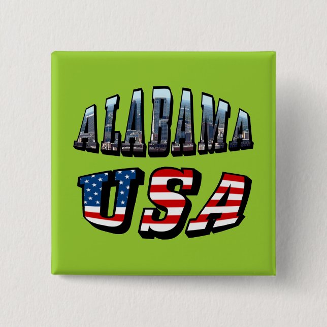 Badge Carré 5 Cm Alabama Photo et USA Flag Font (Devant)