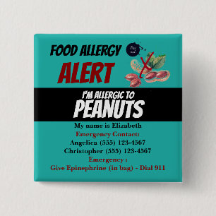 Badge Carré 5 Cm Alerte d'allergie turquoise aux arachides