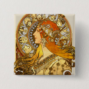 Badge Carré 5 Cm Alfonse Mucha Zodiaque Art Nouveau Femme