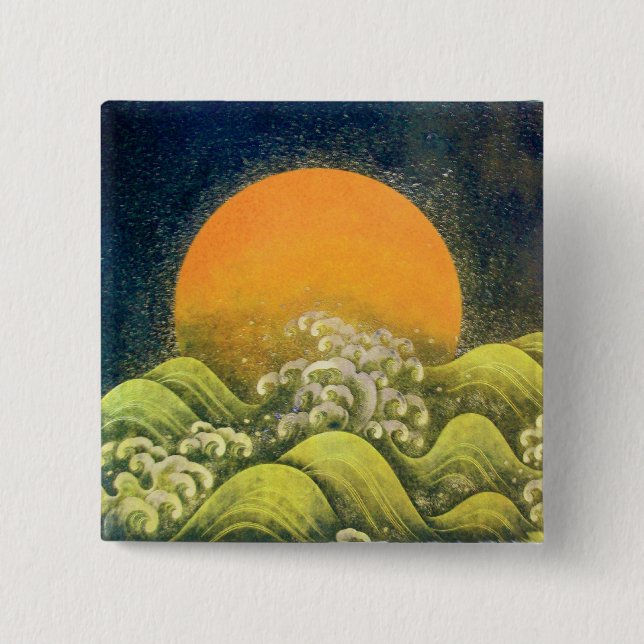 Badge Carré 5 Cm AMATÉRASU, GODDESS SOLEIL, vert jaune noir (Devant)