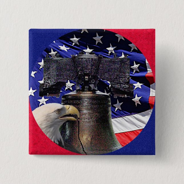 Badge Carré 5 Cm American Bald Eagle, Bell et drapeau (Devant)