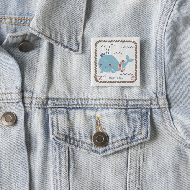 Badge Carré 5 Cm Amis nautiques - Baleine (En situation)