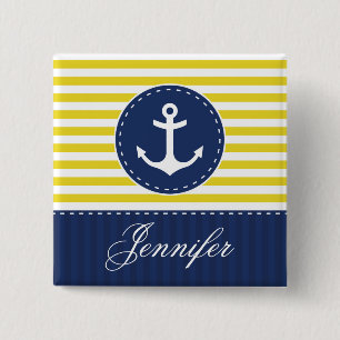 Badge Carré 5 Cm Ancre jaune et bleu-foncé de rayures avec le nom