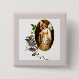 Badge Carré 5 Cm Ange avec harpe et fleurs de clématite