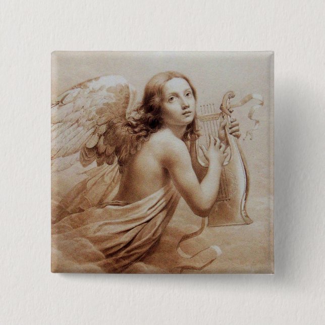 BADGE CARRÉ 5 CM ANGE JOUER LYRA SUR LES NUAGES (Devant)