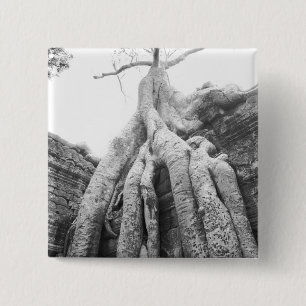 Badge Carré 5 Cm Angkor Cambodge, Arbre Ta Prohm