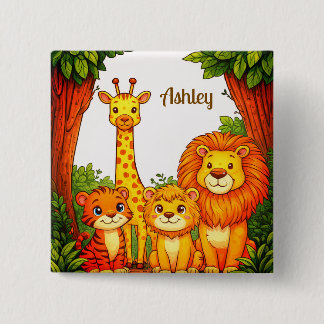 Badge Carré 5 Cm Animaux de safari Brun Blanc Aquarelle