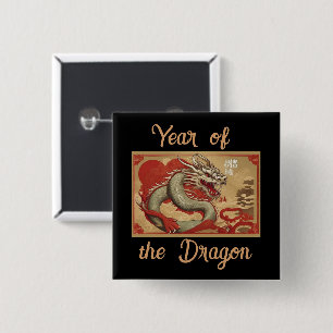 Badge Carré 5 Cm Année du bouton Dragon