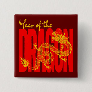 Badge Carré 5 Cm Année du Dragon Rouge Or