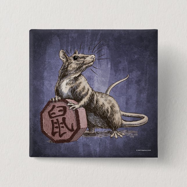 Badge Carré 5 Cm Année du Rat chinois Zodiac Art (Devant)