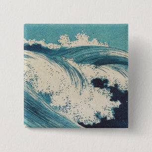 Badge Carré 5 Cm Antique Japonais Bleu Vagues Océan Imprimer