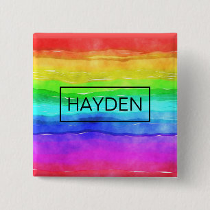 Badge Carré 5 Cm Aquarelle arc-en-ciel rayures personnalisées