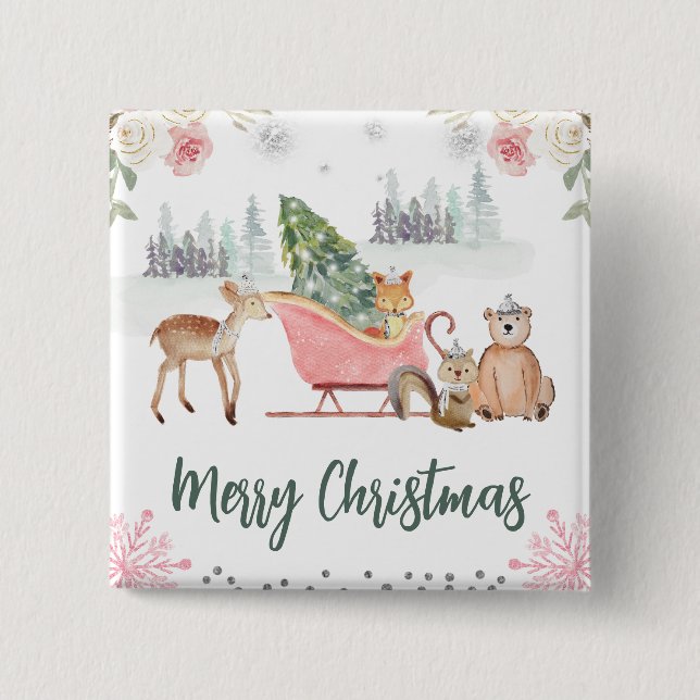 Badge Carré 5 Cm Aquarelle Bois Animaux Fleurs Noël (Devant)