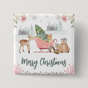Badge Carré 5 Cm Aquarelle Bois Animaux Fleurs Noël