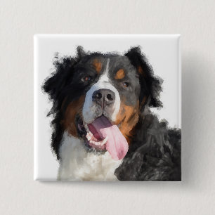 Badge Carré 5 Cm Aquarelle Bouton Chien de Montagne Bernese