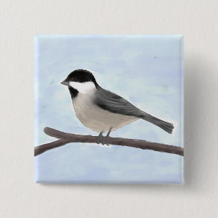 Badge Carré 5 Cm Aquarelle Bouton de chickadee à couvercle noir