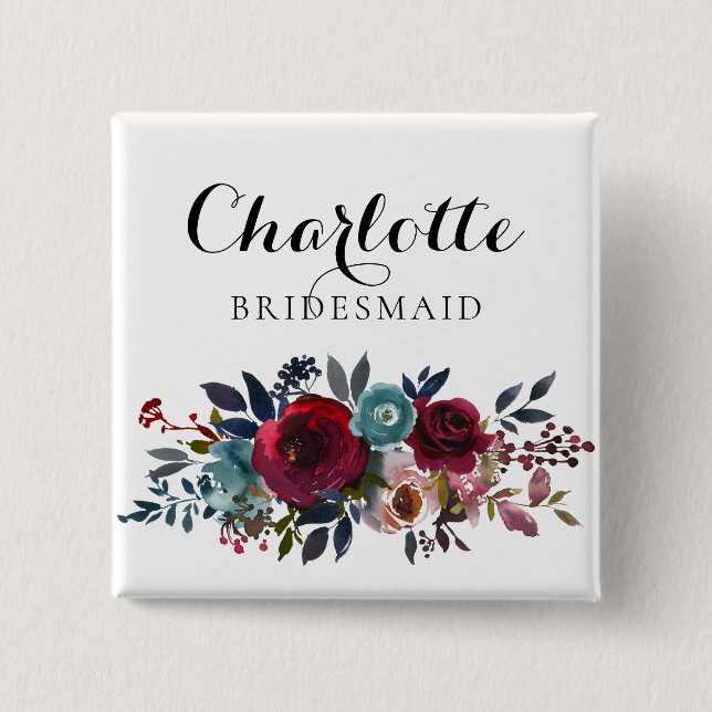 Badge Carré 5 Cm Aquarelle Floral Bourgogne Mariage Bridesmaid (Devant)