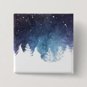 Badge Carré 5 Cm Aquarelle Hiver Vacances   Bouton d'épingle