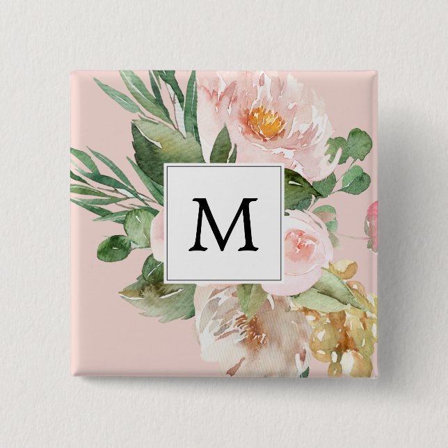 Badge Carré 5 Cm Aquarelle moderne Fleurs roses Monogrammes (Devant)