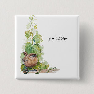 Badge Carré 5 Cm Aquarelle Oiseau Troglodyte Vigne Raisins Feuilles