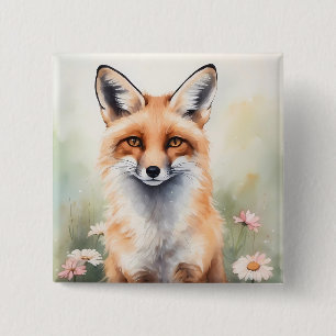 Badge Carré 5 Cm Aquarelle Peinture Fox avec Fleurs marguerites