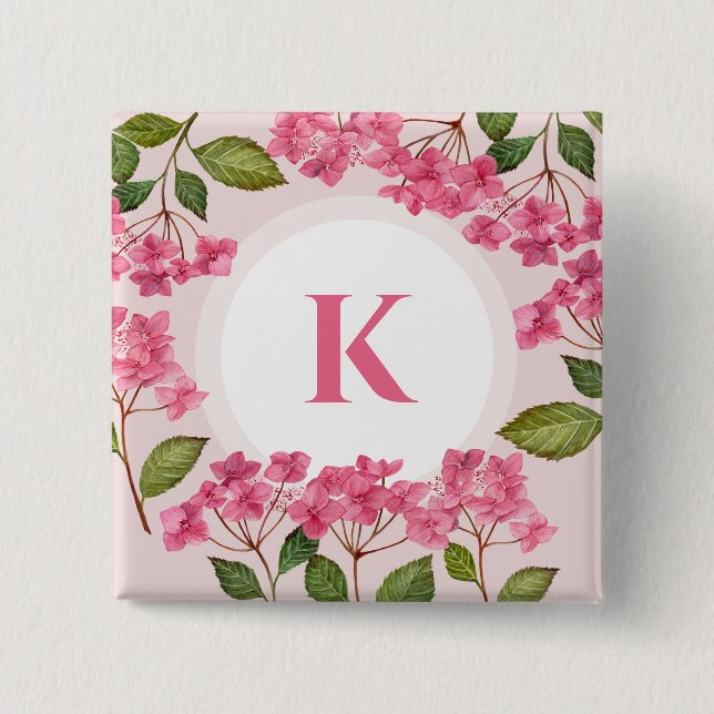Badge Carré 5 Cm Aquarelle rose Hydrangée Lacecaps Monogramme (Devant)