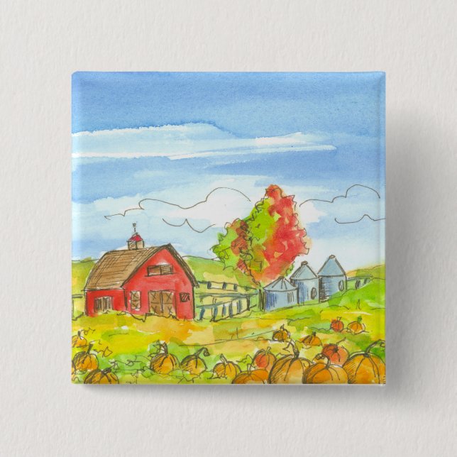 Badge Carré 5 Cm Arbres d'automne Citrouille Patch Grange rouge (Devant)