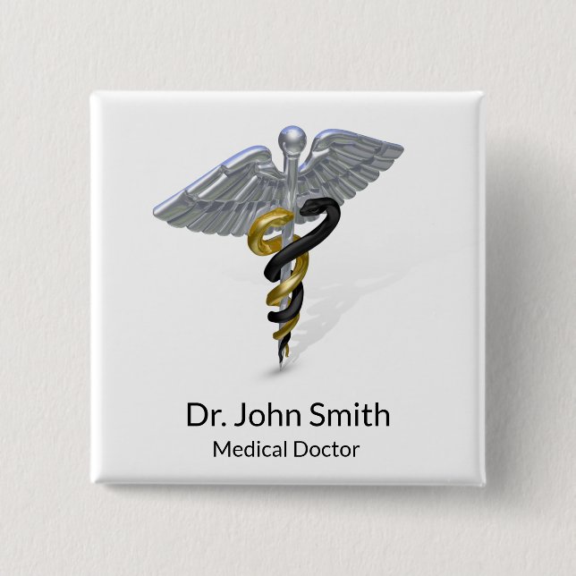 Badge Carré 5 Cm Argent Médicale Caduceus Black Gold - Bouton (Devant)
