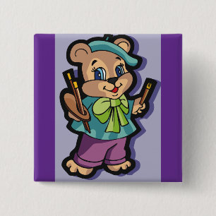 Badge Carré 5 Cm Artiste Ours en Peluche avec Béret et Pinceaux