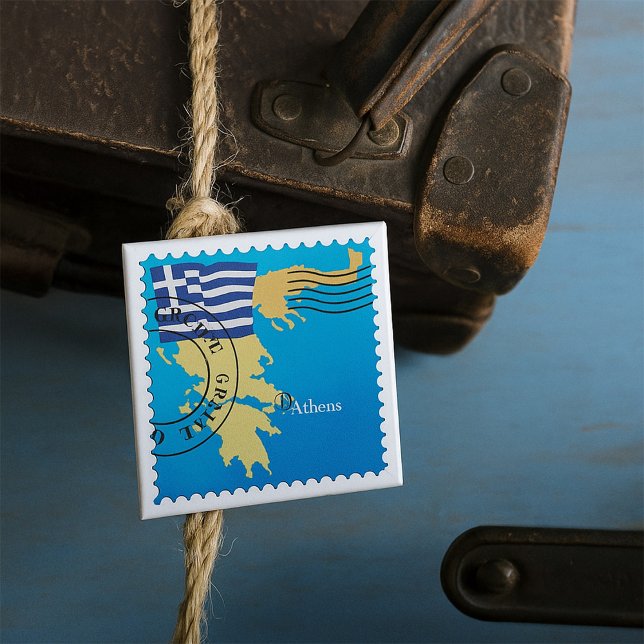 Badge Carré 5 Cm Athènes Grèce Horloge grecque Drapeau et carte (Créateur téléchargé)