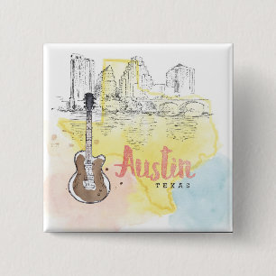 Badge Carré 5 Cm Austin, croquis d'aquarelle du Texas