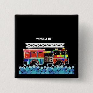 Badge Carré 5 Cm Autisme Pièces de puzzle Firetruck