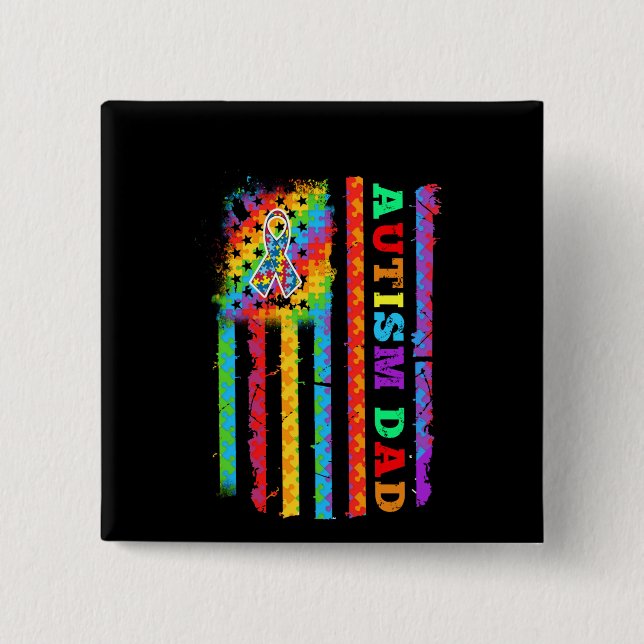 Badge Carré 5 Cm Autiste | Autistic Papa Autisme USA Drapeau (Devant)