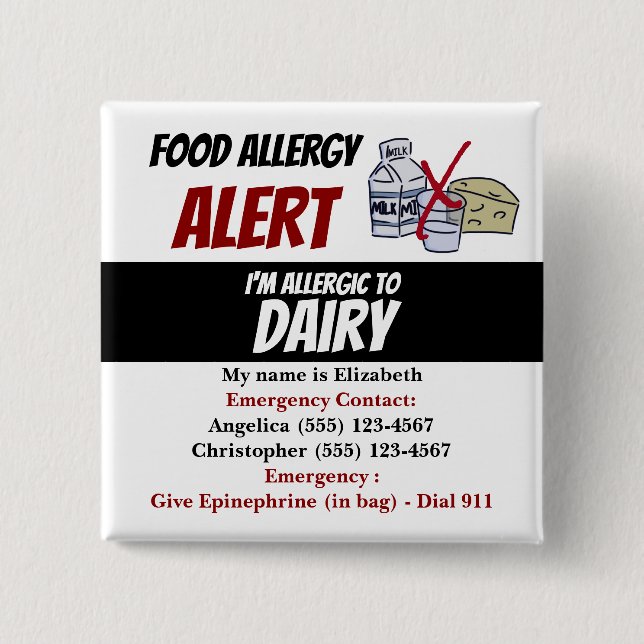 Badge Carré 5 Cm Avertissement d'alerte d'allergie aux aliments lai (Devant)