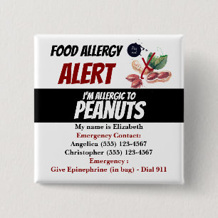 Badge Carré 5 Cm Avertissement d'alerte d'allergie aux aliments pou
